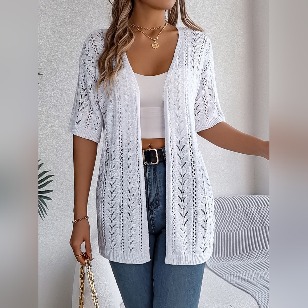 White Open-Front Knit Cardigan